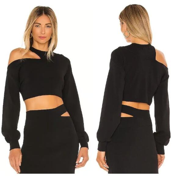 Michael Costello x REVOLVE Asym Cut Out Dolman Ribbed Crop Sweater Black Medium - Picture 1 of 5
